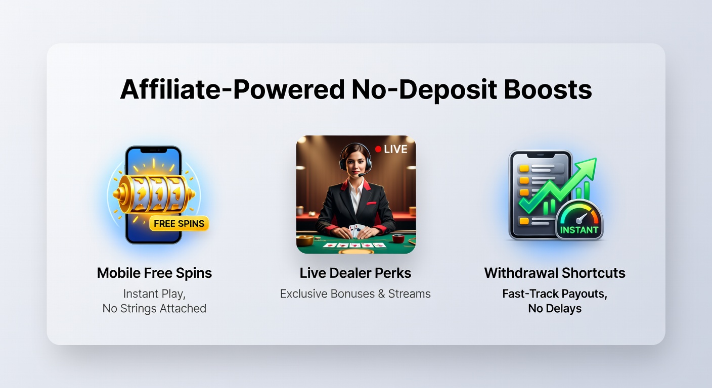 Voorbeeld van een casino dashboard met affiliate no-deposit spins, live dealer promoties en uitbetalingsopties