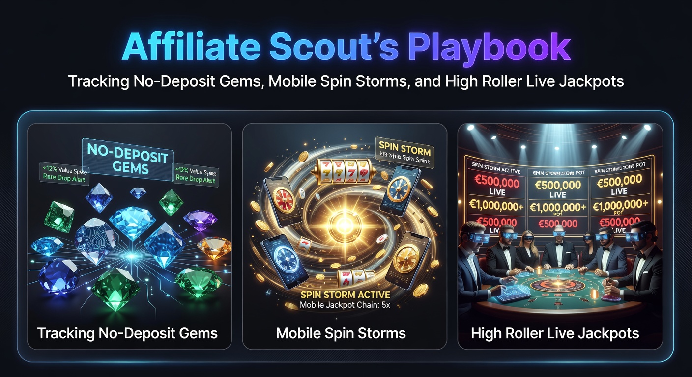 Digitale dashboard van een affiliate scout die no-deposit bonussen, mobiele spins en live jackpots monitort met grafieken en alerts