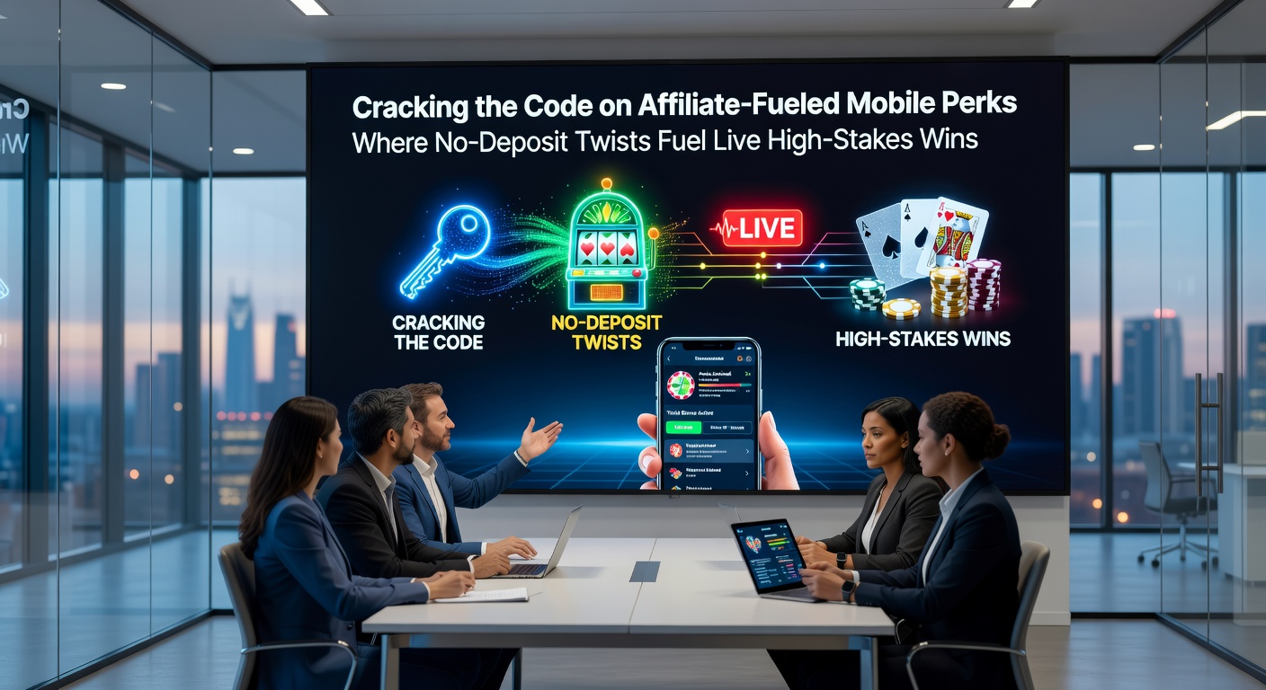 Grafiek met stijgende lijnen van affiliate-conversies, no-deposit acties en live winsten op mobiel, met euro-tekens en casino icons