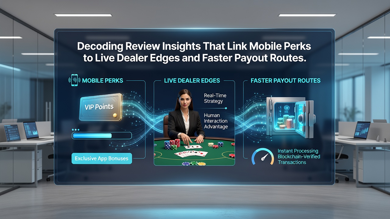Illustratie van reviewpatronen die mobiele bonussen koppelen aan live dealer en uitbetalingen