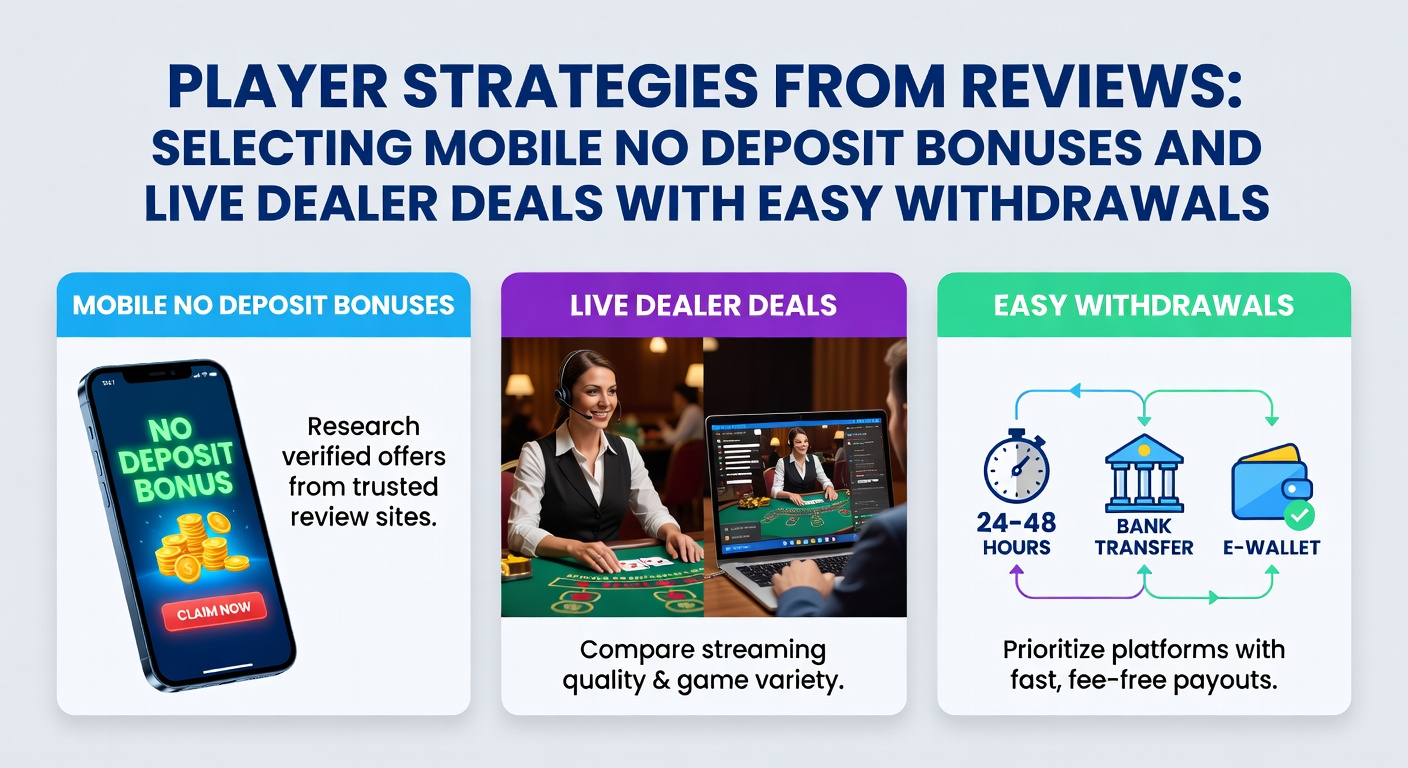 Speler analyseert mobiele casino app met no-deposit bonus op scherm, focus op review scores en uitbetalingsopties