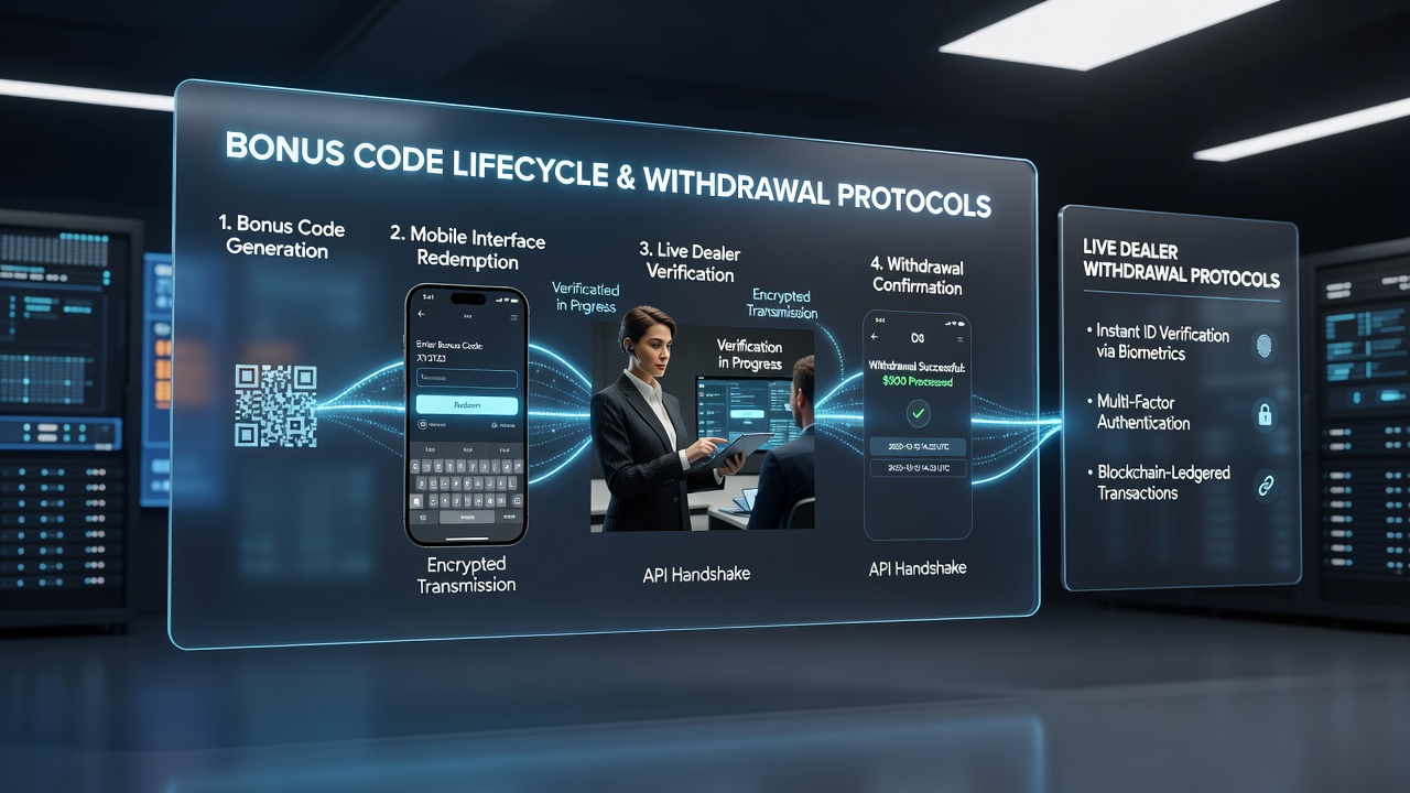 Live dealer tafel met mobiele app overlay die opnameprotocollen en bonus tracking weergeeft
