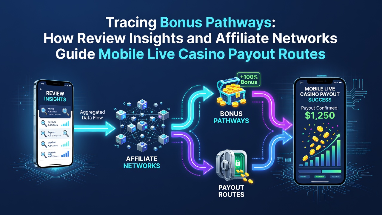Infographic die de verbinding tussen casino reviews, affiliate netwerken en mobiele uitbetalingsroutes illustreert
