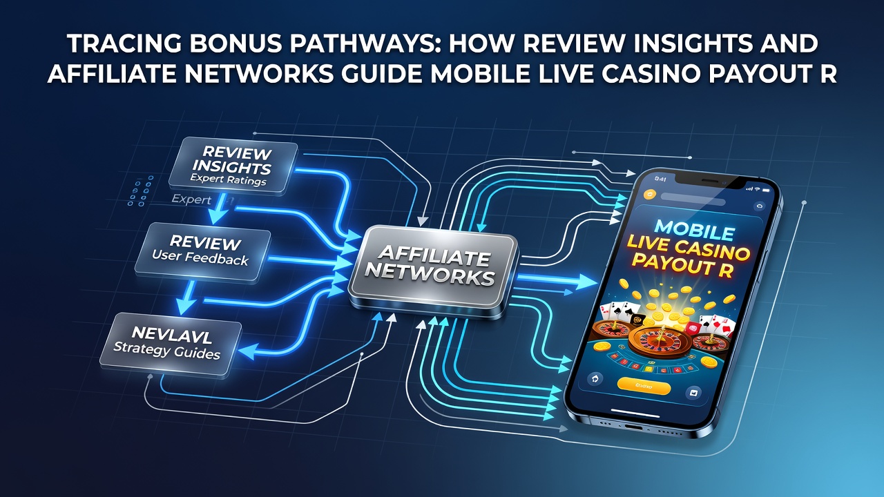 Diagram van mobiele live casino uitbetalingsroutes met affiliate en review invloeden