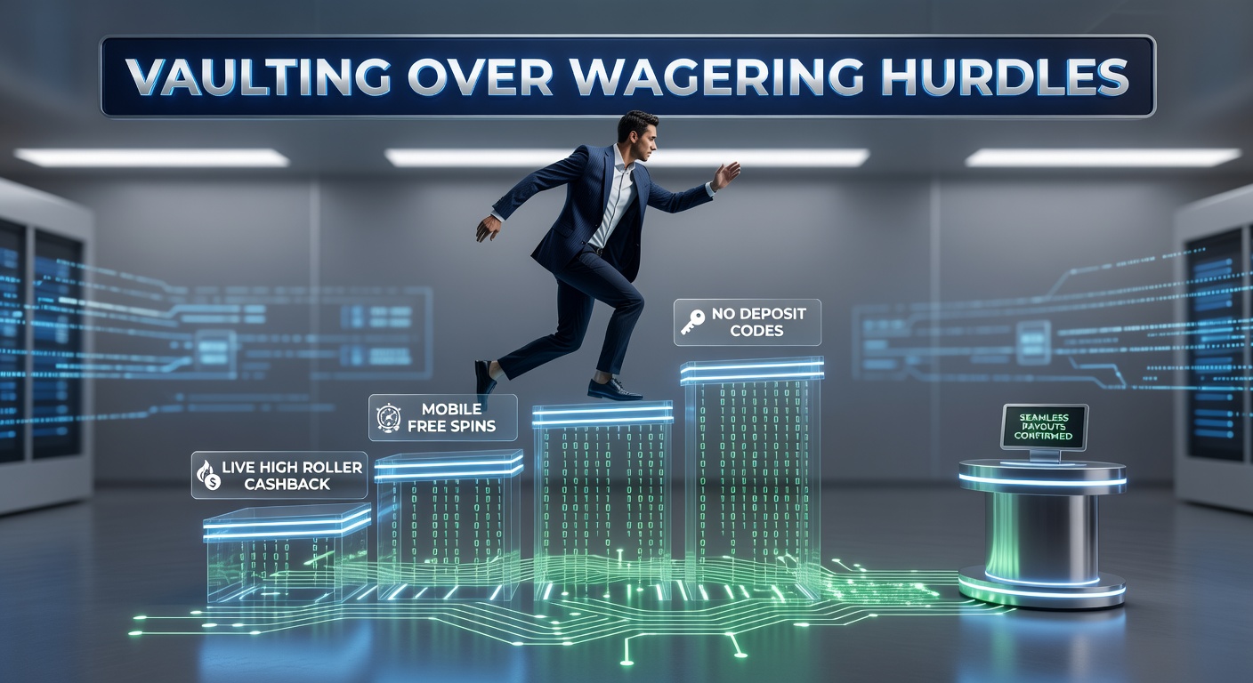 Speler springt over wagering horde met mobiele telefoon en casino chips in de lucht, symboliserend moeiteloze bonuswinsten